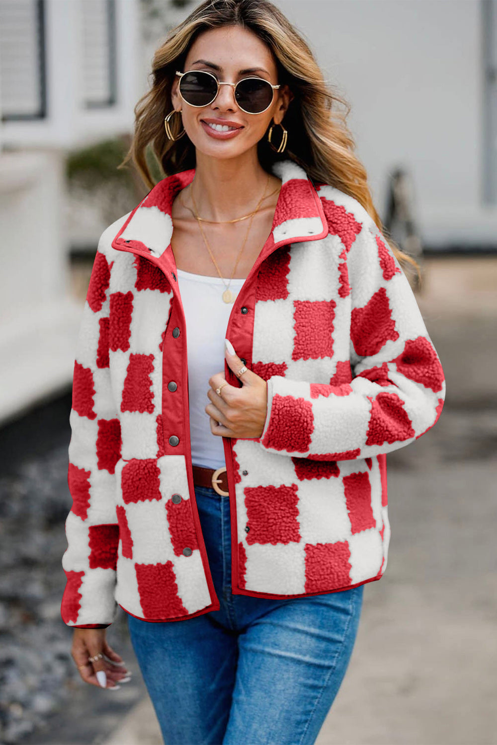 Checkered Snap Down Long Sleeve Teddy Jacket-Angel Casuals