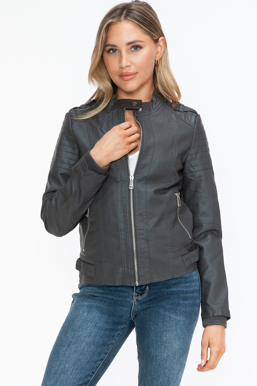 Snobbish PU Leather Biker Jacket with Side Zip Pockets-Angel Casuals