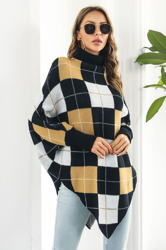 Plaid Turtleneck Dolman Sleeve Poncho-Angel Casuals