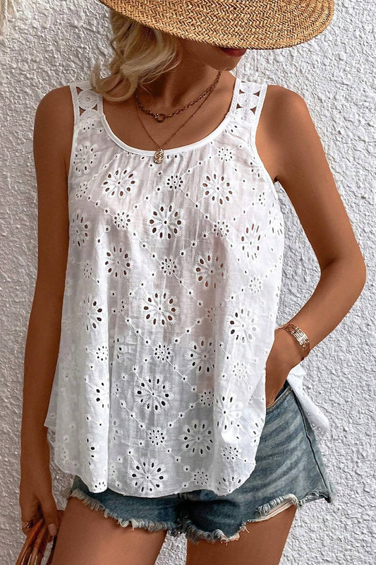 Eyelet Round Neck Wide Strap Tank-Angel Casuals