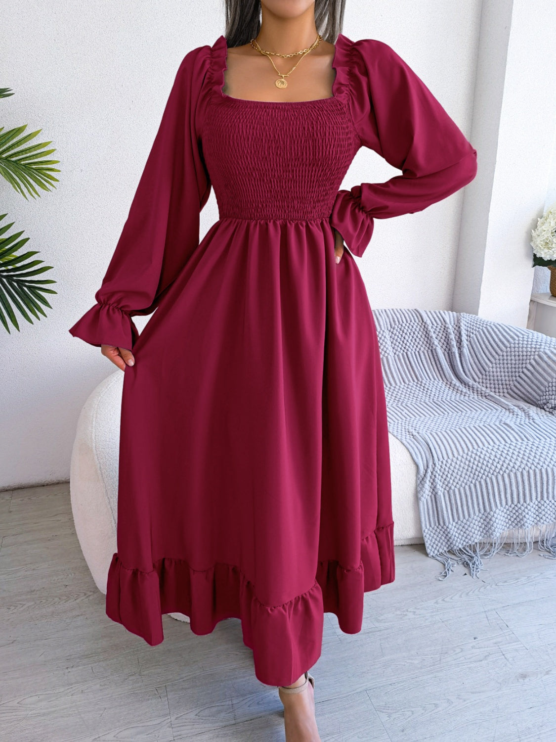 Smocked Square Neck Flounce Sleeve Dress-Angel Casuals