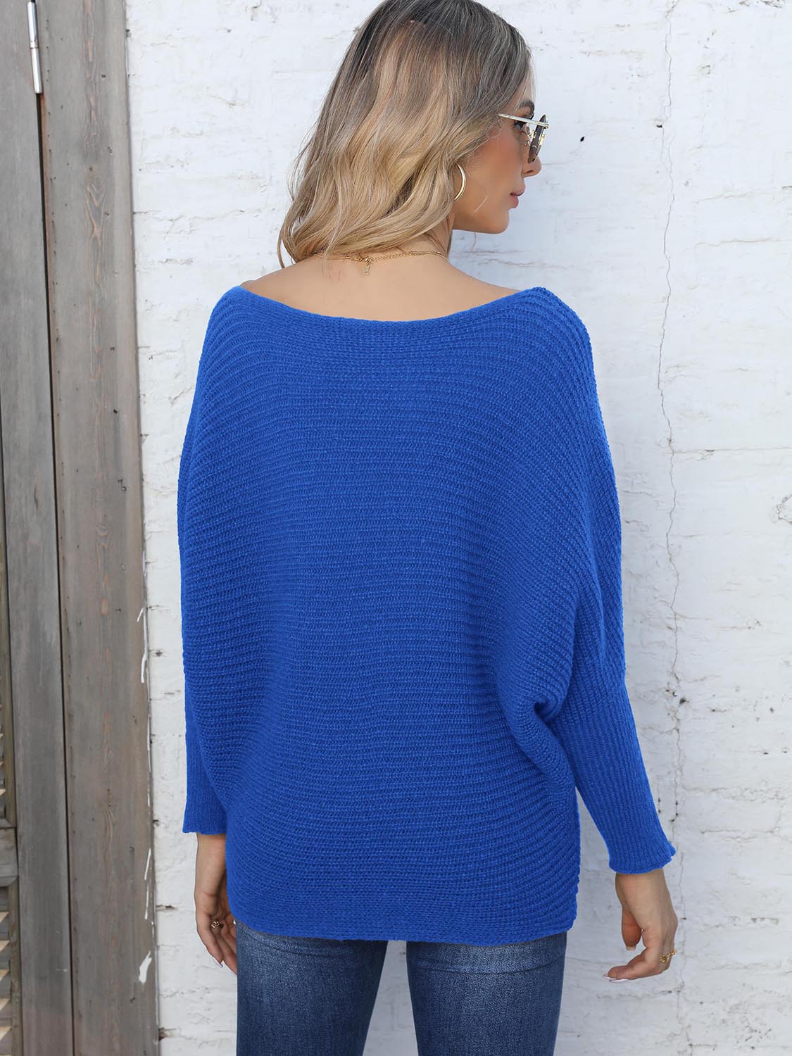 Full Size Horizontal Ribbing Dolman Sleeve Sweater-Angel Casuals