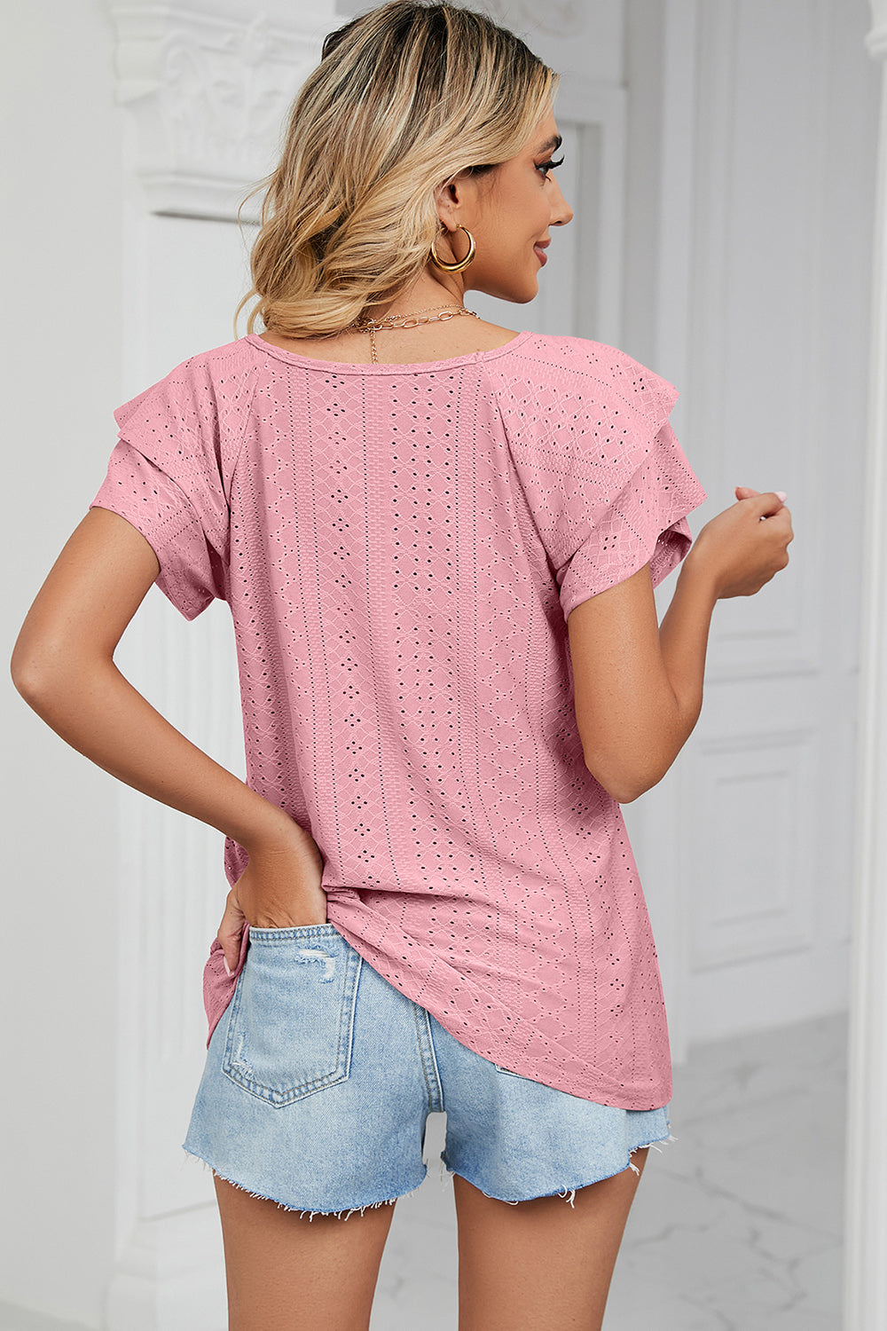 Eyelet V-Neck Short Sleeve T-Shirt-Angel Casuals
