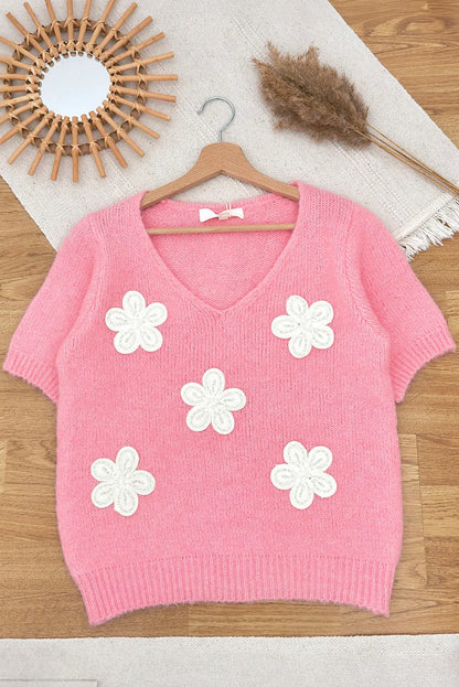 Flower V-Neck Short Sleeve Sweater-Angel Casuals