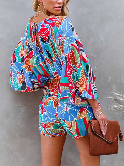 Tied Printed Kimono Sleeve Romper-Angel Casuals