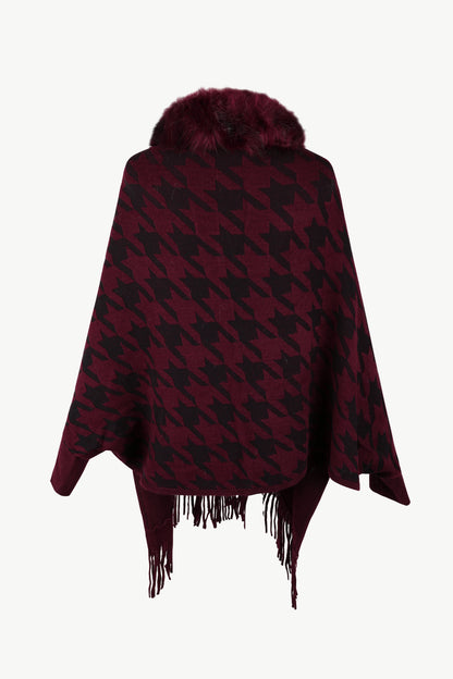 Houndstooth Fringe Hem Poncho-Angel Casuals