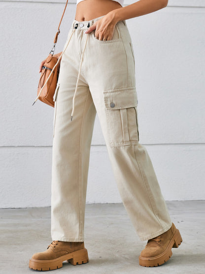 Drawstring Mid-Rise Waist Straight Cargo Jeans-Angel Casuals