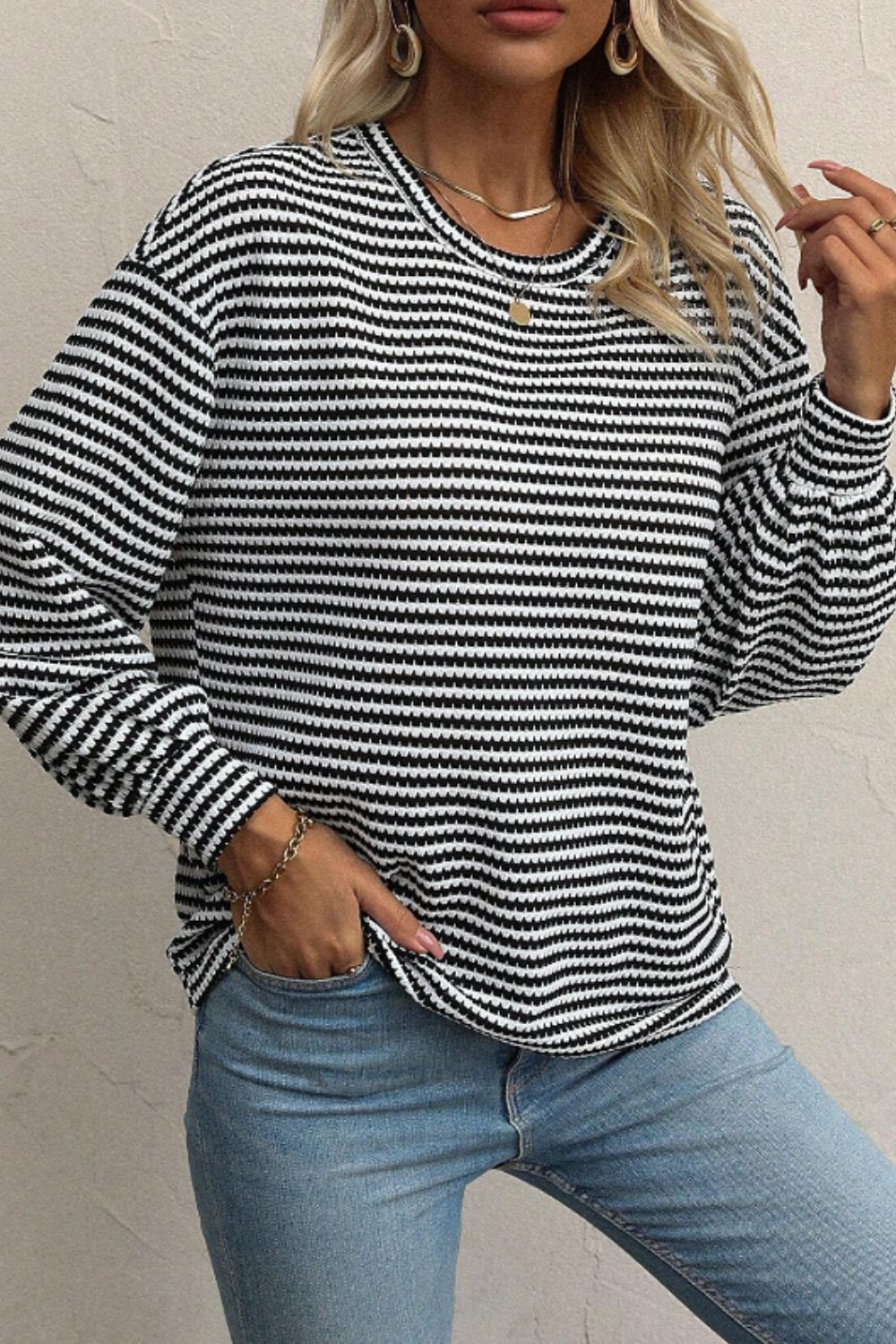 Striped Round Neck Long Sleeve Top-Angel Casuals