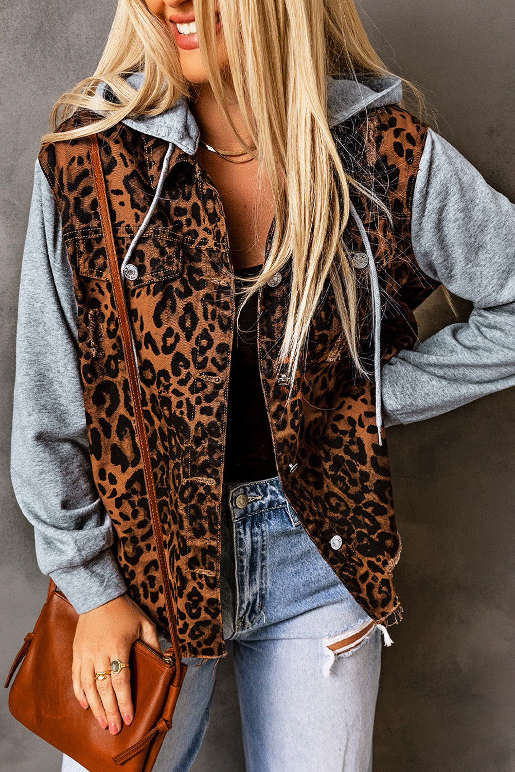 Leopard Distressed Drawstring Hooded Denim Jacket-Angel Casuals