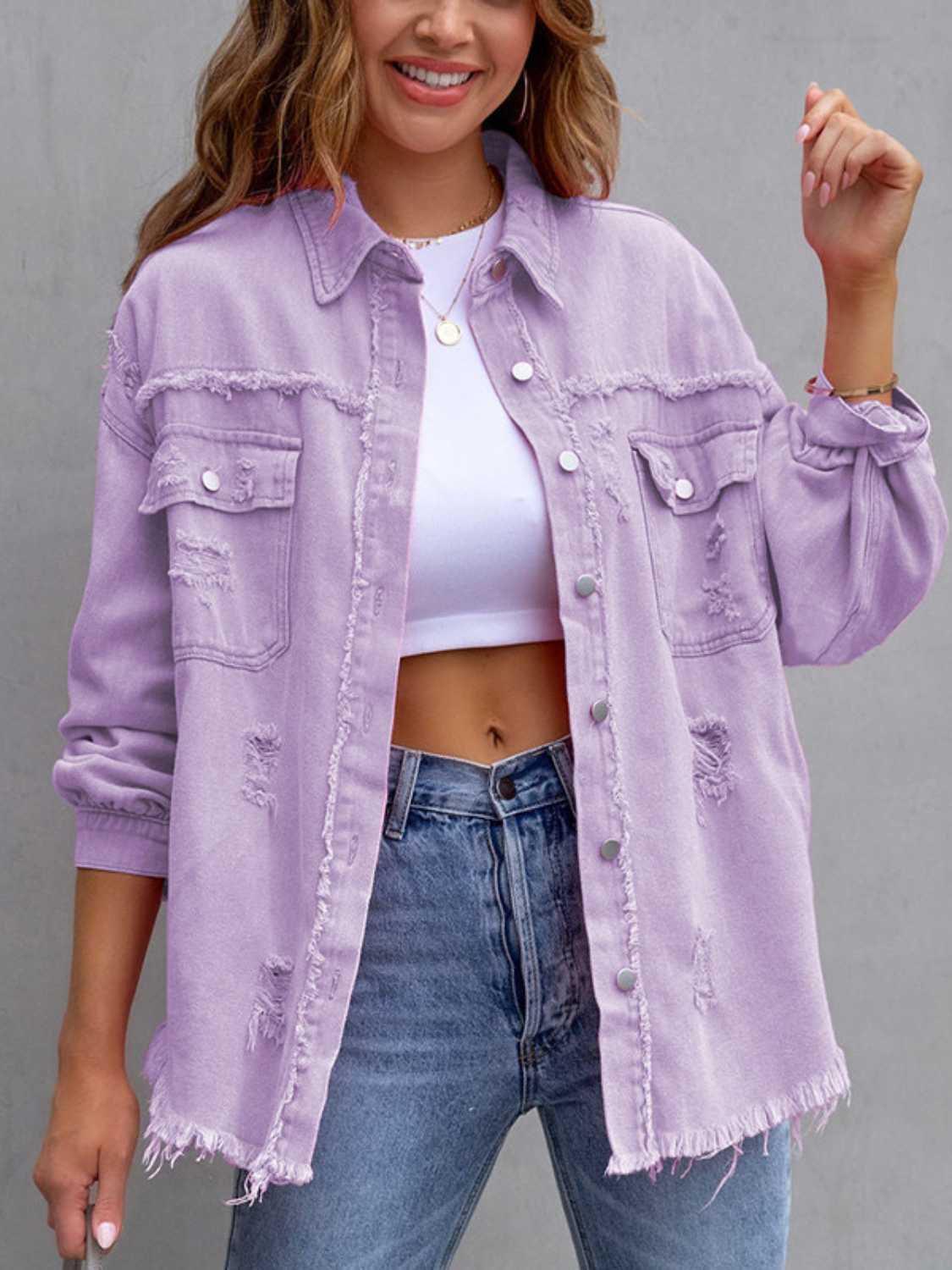 Distressed Drop Shoulder Denim Jacket-Angel Casuals