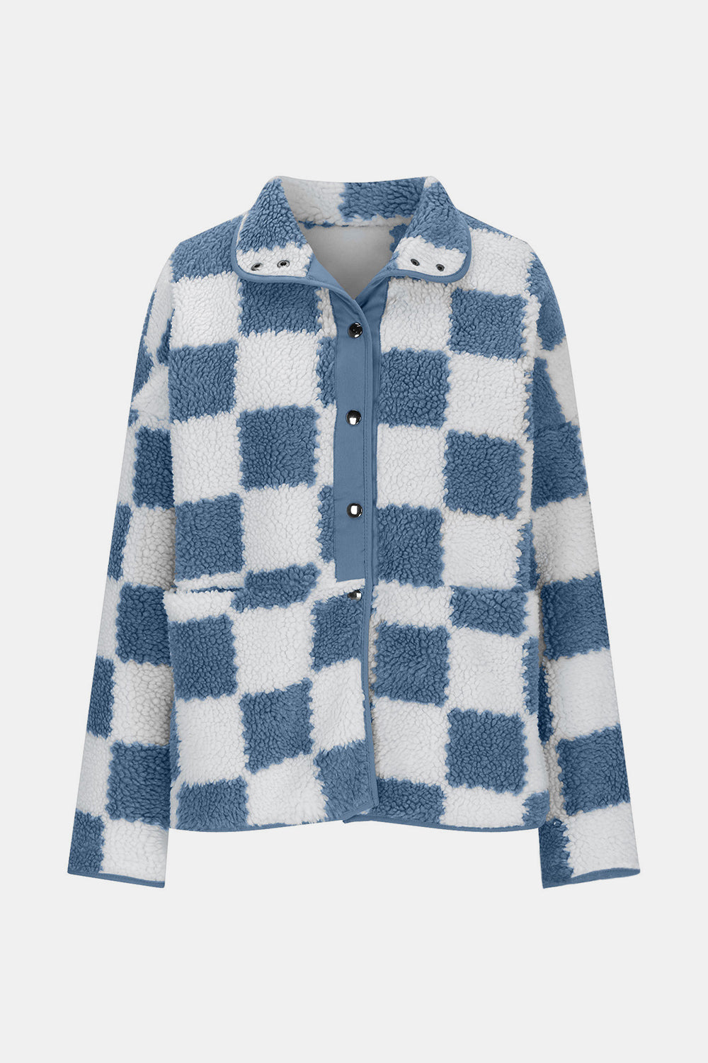 Checkered Snap Down Long Sleeve Teddy Jacket-Angel Casuals
