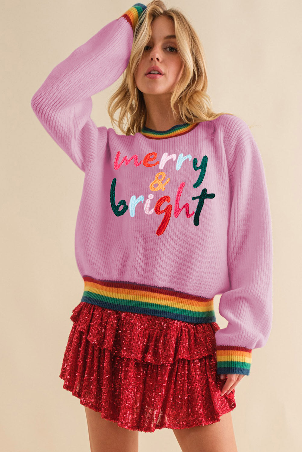 MERRY & BRIGHT Ribbed Round Neck Sweater-Angel Casuals