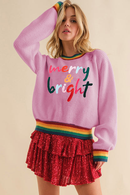 MERRY & BRIGHT Ribbed Round Neck Sweater-Angel Casuals