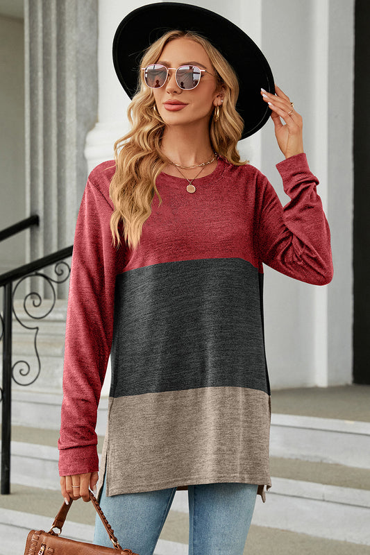 Color Block Round Neck Long Sleeve T-Shirt-Angel Casuals