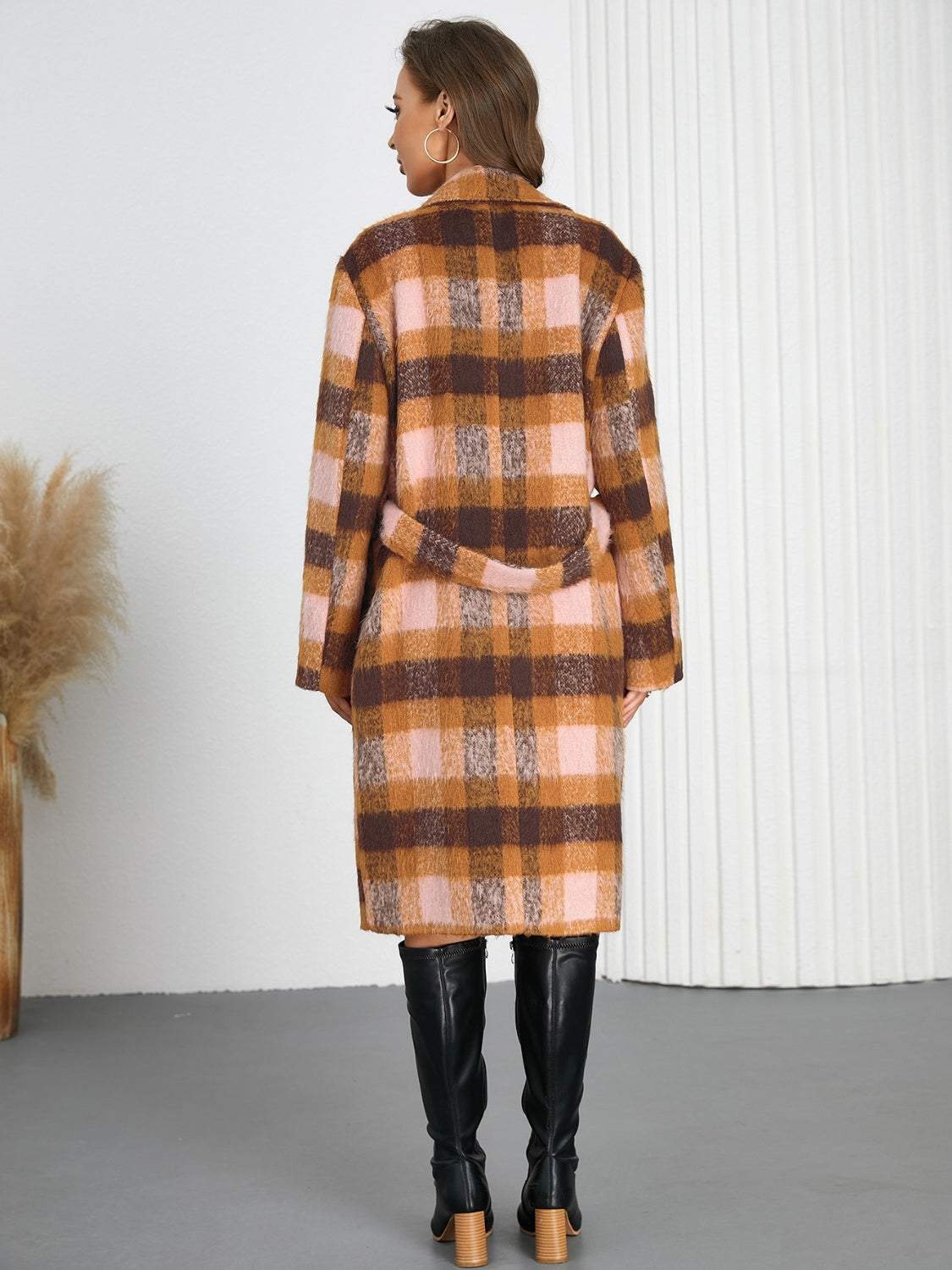 Tied Plaid Collared Neck Coat-Angel Casuals