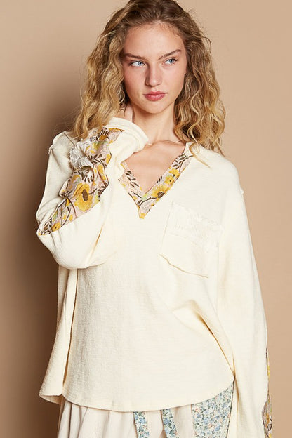 POL Lace Detail Flower Printed V-Neck Knit Top-Angel Casuals