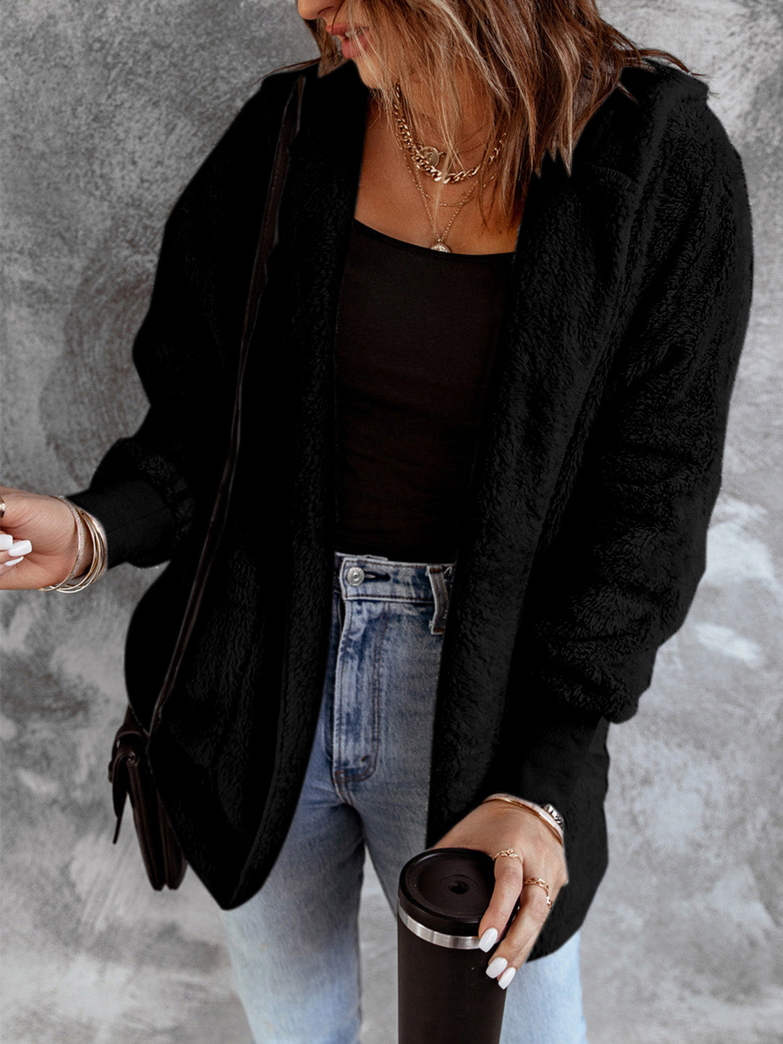 Open Front Hooded Faux Fur Outwear with Pockets-Angel Casuals