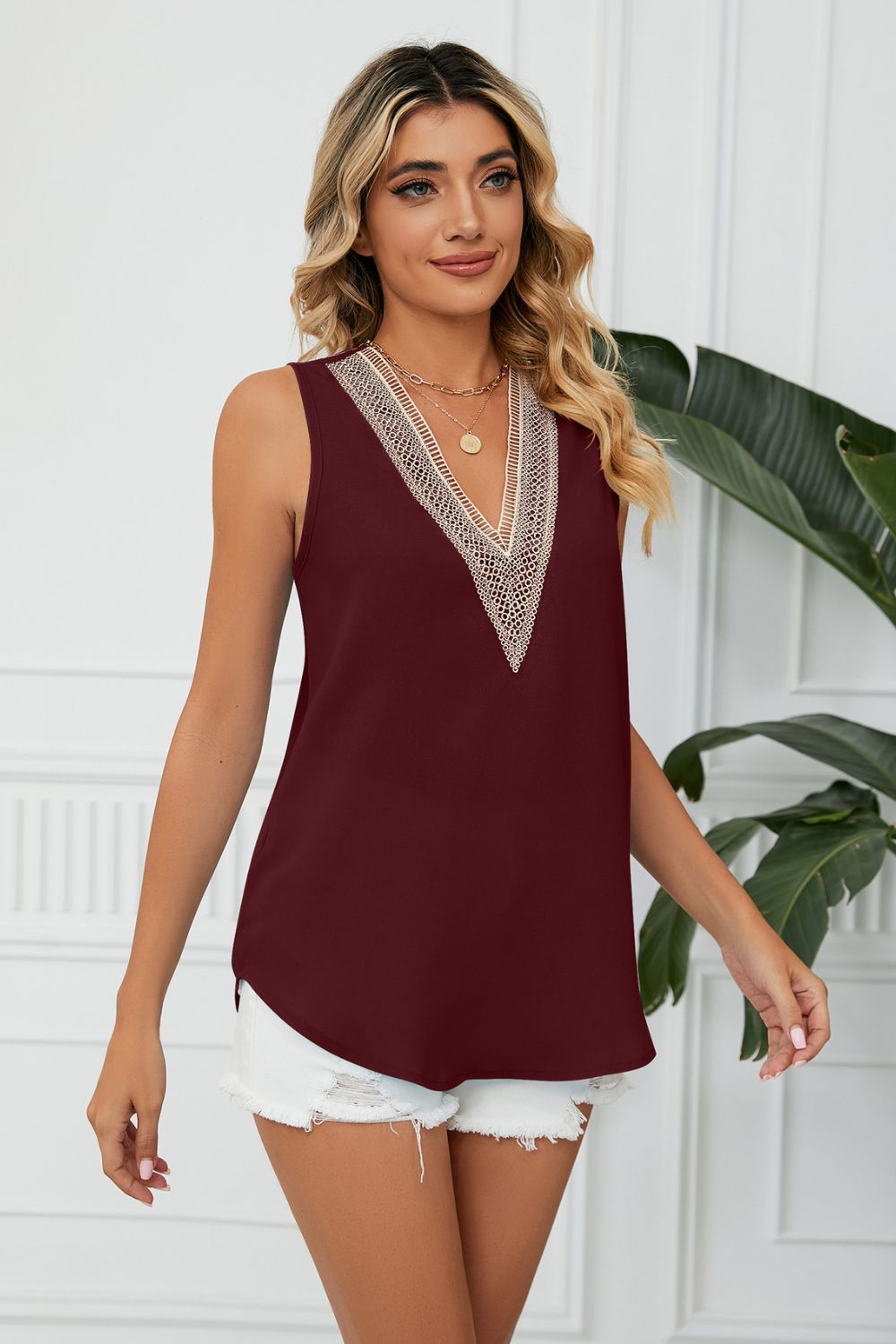 Contrast Trim Plunge Sleeveless Blouse-Angel Casuals