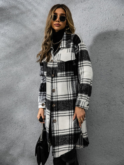 Plaid Collared Neck Long Sleeve Coat-Angel Casuals