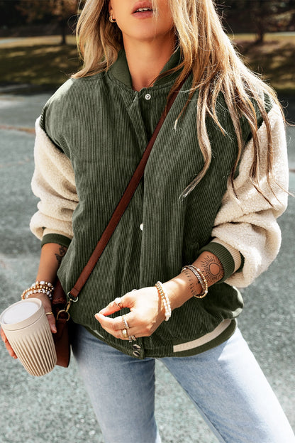 Contrast Baseball Collar Snap Down Long Sleeve Jacket-Angel Casuals