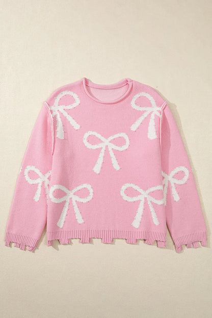 Pearl Detail Bow Round Neck Long Sleeve Sweater-Angel Casuals