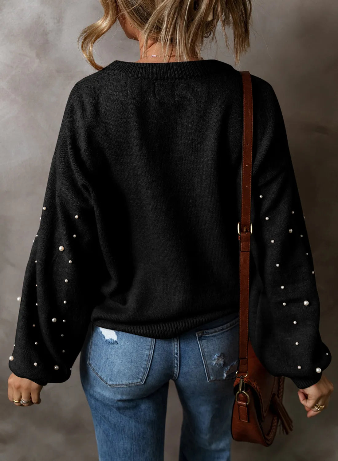 Pearl Detail Round Neck Long Sleeve Sweater-Angel Casuals