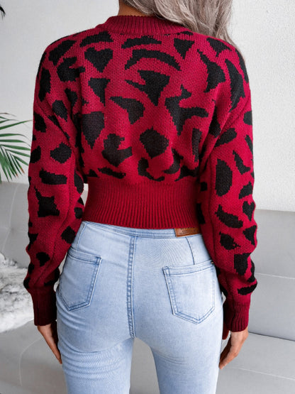 Leopard Round Neck Dropped Shoulder Sweater-Angel Casuals