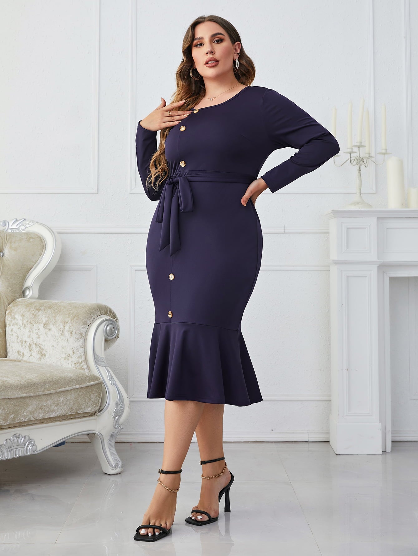 Melo Apparel Plus Size Buttoned Round Neck Tie Belt Midi Dress-Angel Casuals