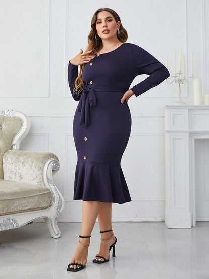 Melo Apparel Plus Size Buttoned Round Neck Tie Belt Midi Dress-Angel Casuals