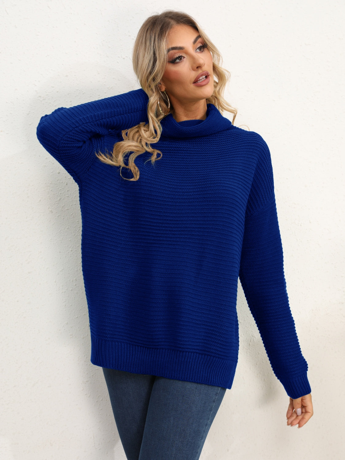 Slit Turtleneck Dropped Shoulder Sweater-Angel Casuals