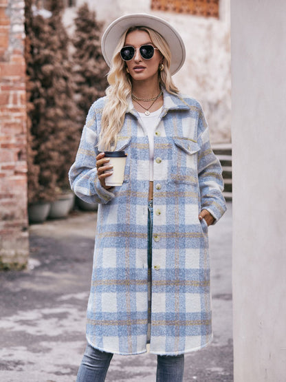 Mandy Plaid Dropped Shoulder Slit Coat-Angel Casuals