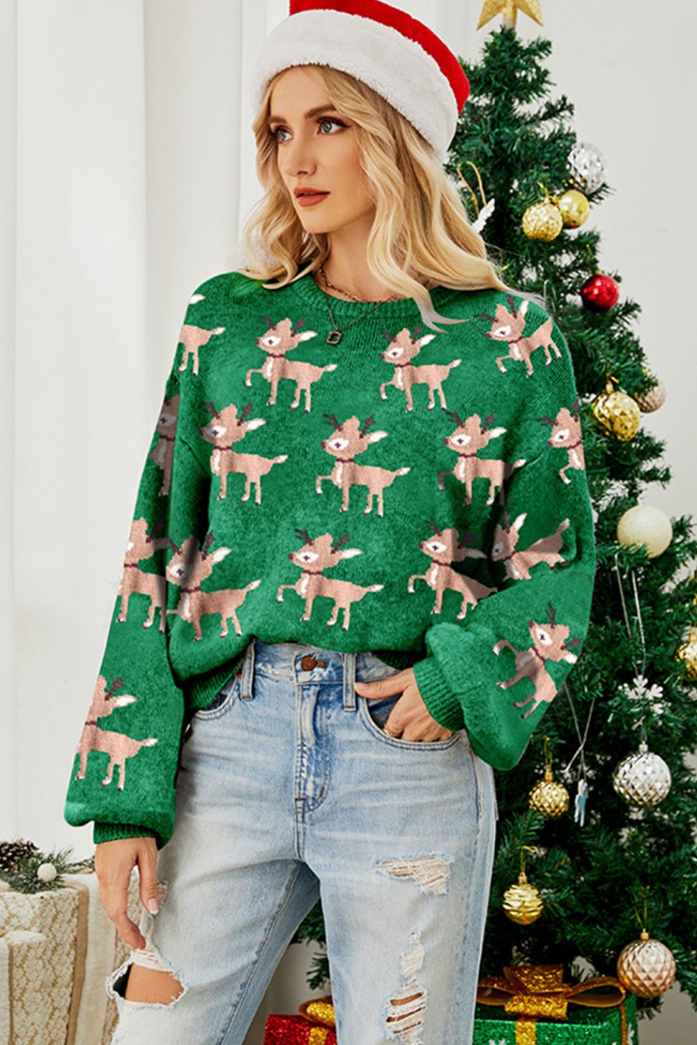 Reindeer Round Neck Drop Shoulder Sweater-Angel Casuals