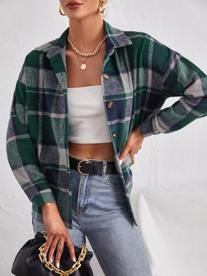 Plaid Collared Neck Button Down Jacket-Angel Casuals