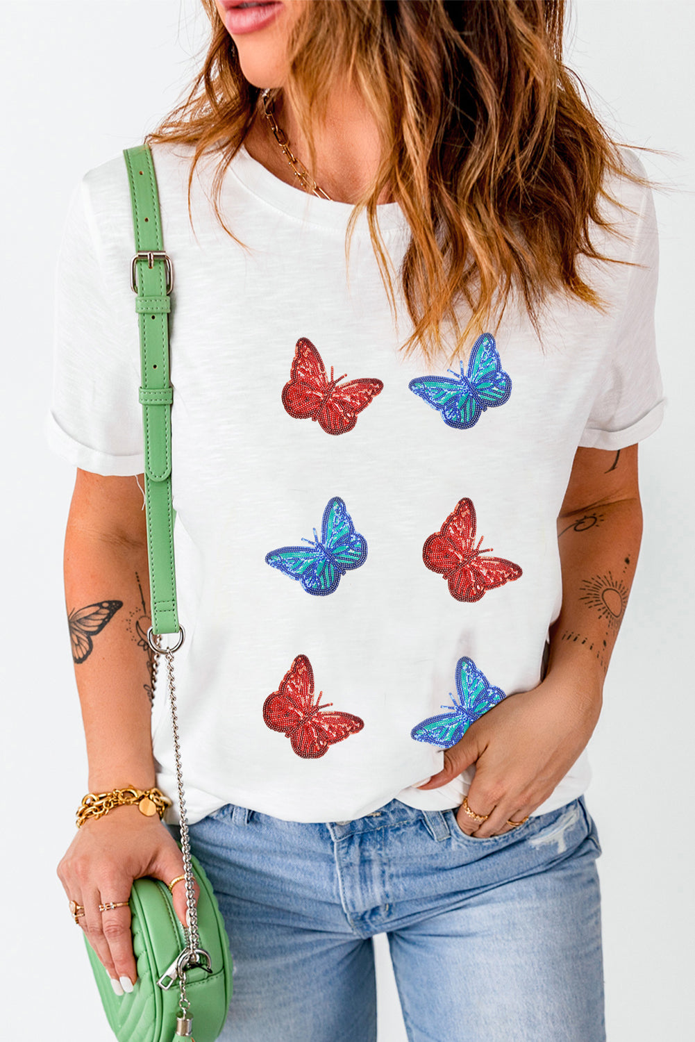 Sequin Butterfly Round Neck Short Sleeve T-Shirt-Angel Casuals