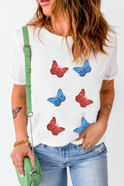 Sequin Butterfly Round Neck Short Sleeve T-Shirt-Angel Casuals