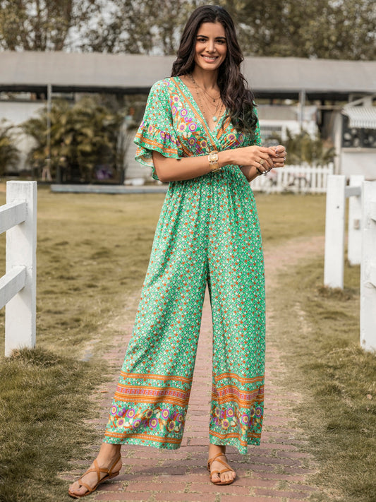 Floral Surplice Flutter Sleeve Jumpsuit-Angel Casuals