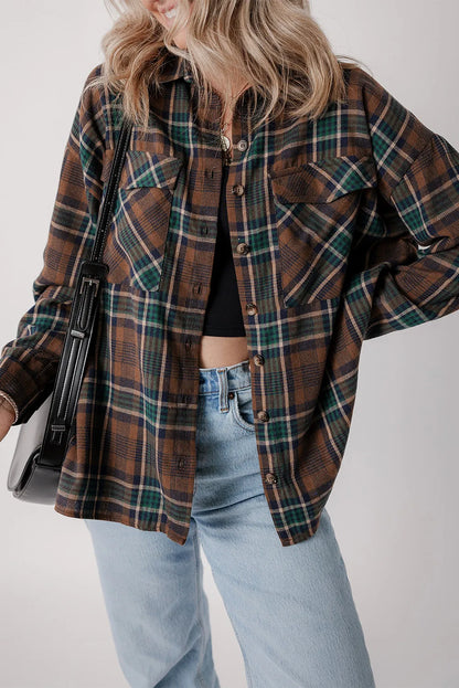 Plaid Button Up Long Sleeve Jacket-Angel Casuals