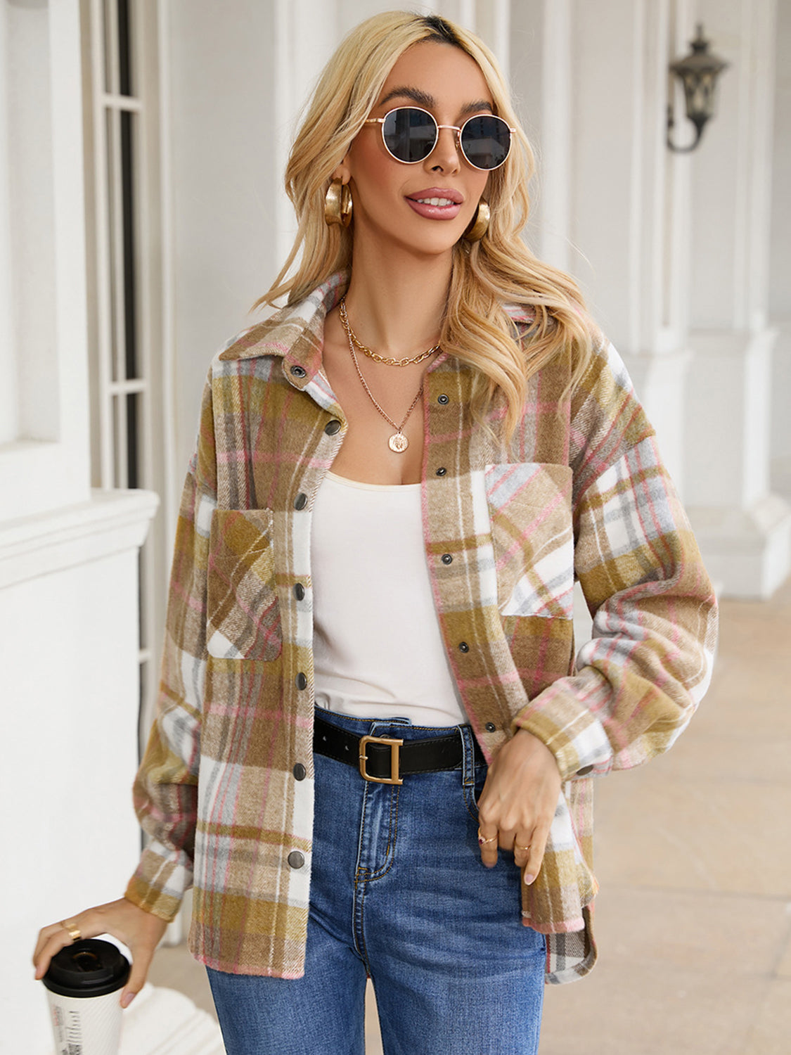 Snap Up Plaid Collared Neck Jacket with Pocket-Angel Casuals