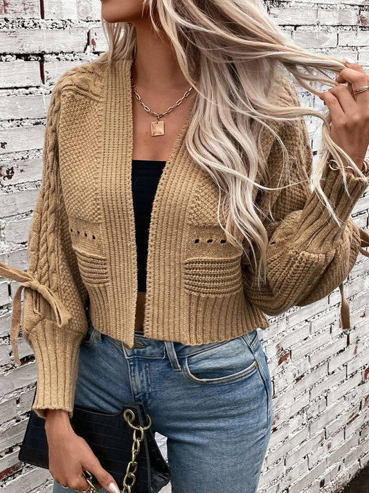 Cable-Knit Tied Open Front Lantern Sleeve Cardigan-Angel Casuals
