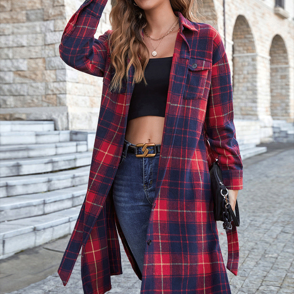 Plaid Belted Button Down Longline Shirt Jacket-Angel Casuals