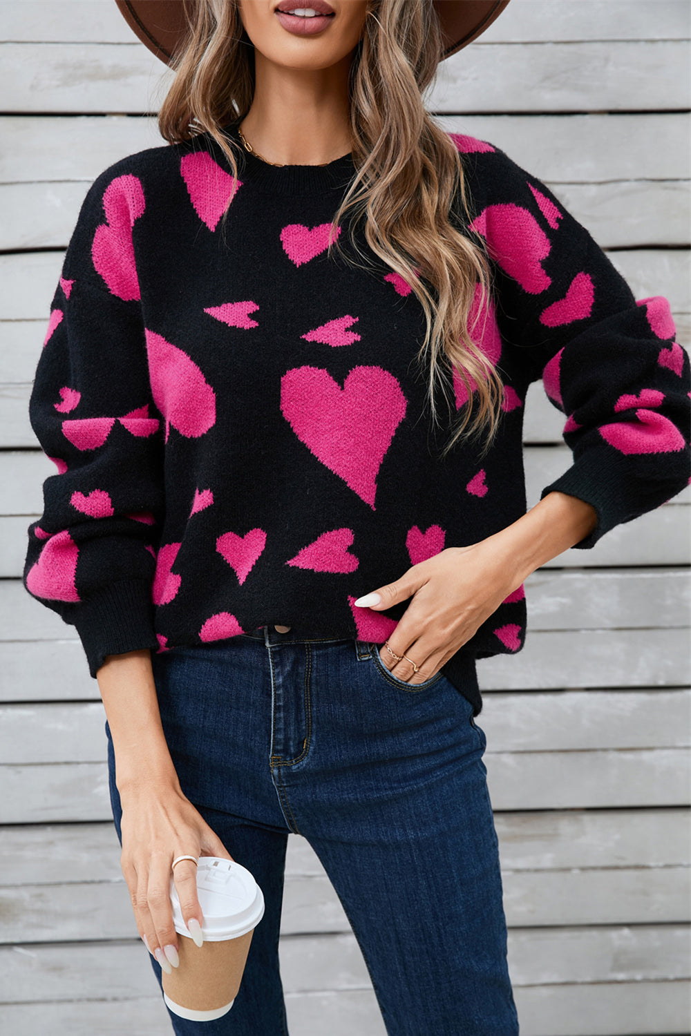 Angel Wings Heart Contrast Round Neck Long Sleeve Sweater-Angel Casuals