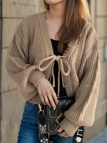 Tied Dropped Shoulder Long Sleeve Cardigan-Angel Casuals