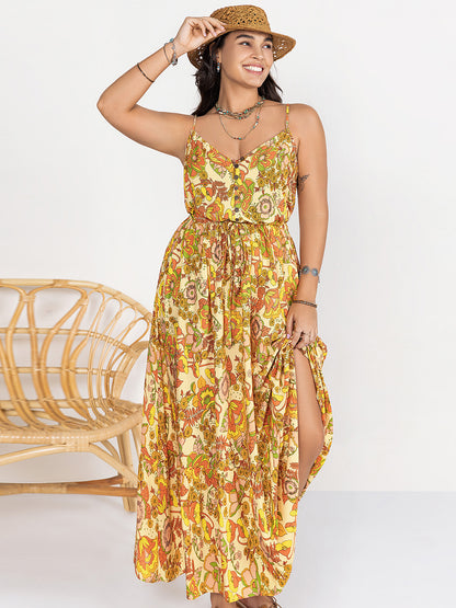 Plus Size Printed V-Neck Maxi Cami Dress-Angel Casuals