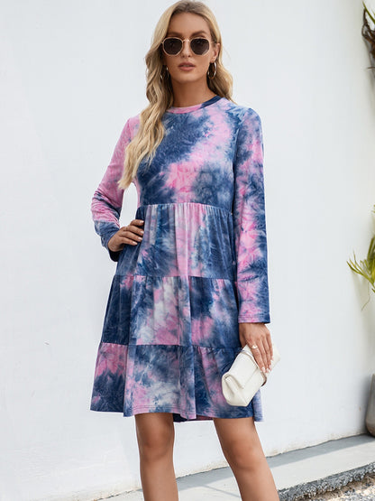 Tie-Dye Round Neck Long Sleeve Tiered Dress-Angel Casuals