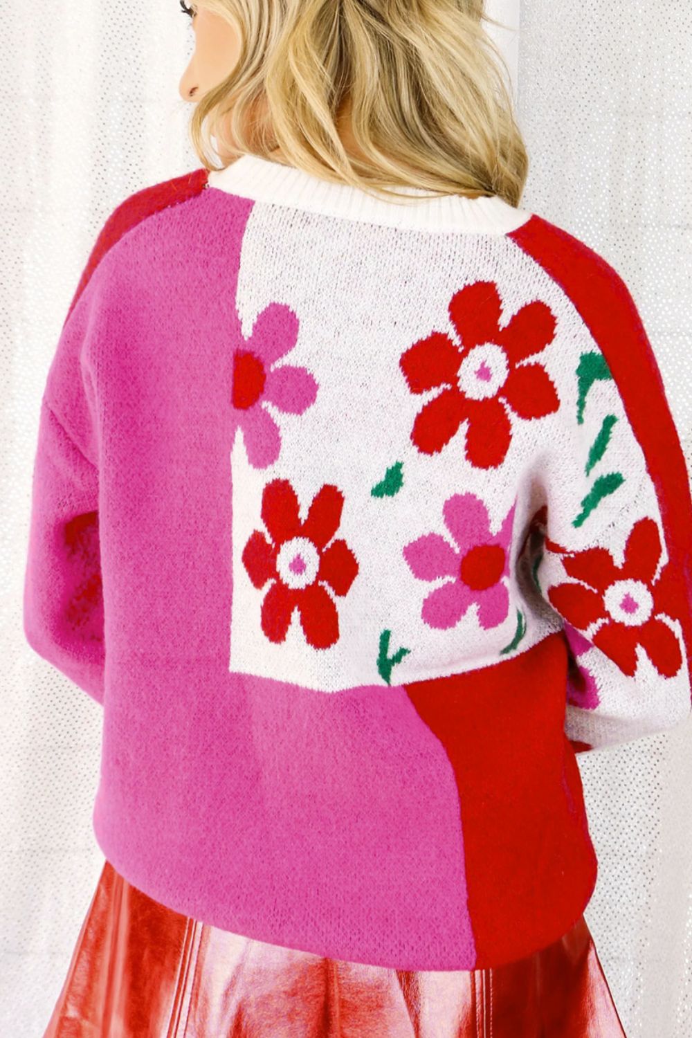 Flower Color Block Round Neck Sweater-Angel Casuals