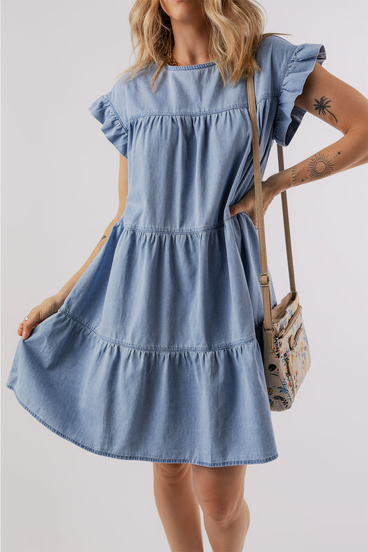 Ruffled Round Neck Cap Sleeve Denim Dress-Angel Casuals