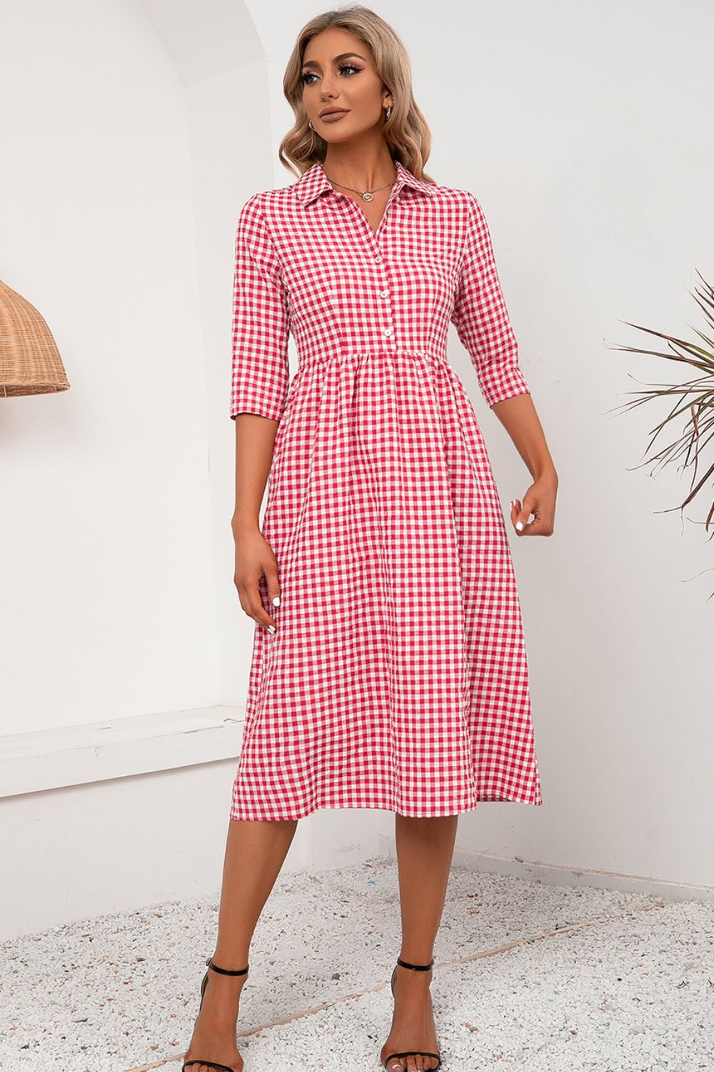 Plaid Collared Neck Midi Dress-Angel Casuals