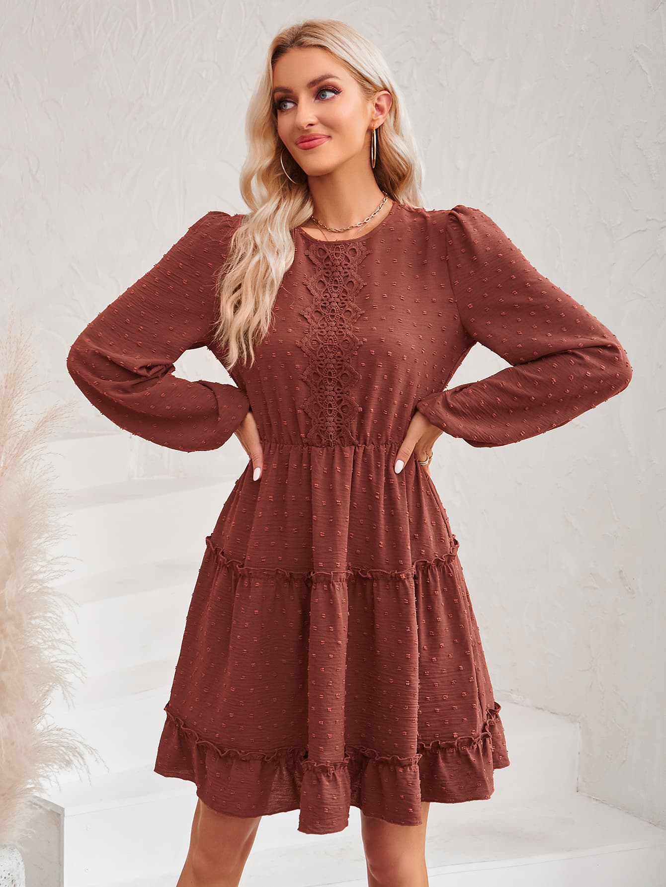 Swiss Dot Lace Trim Balloon Sleeve Dress-Angel Casuals