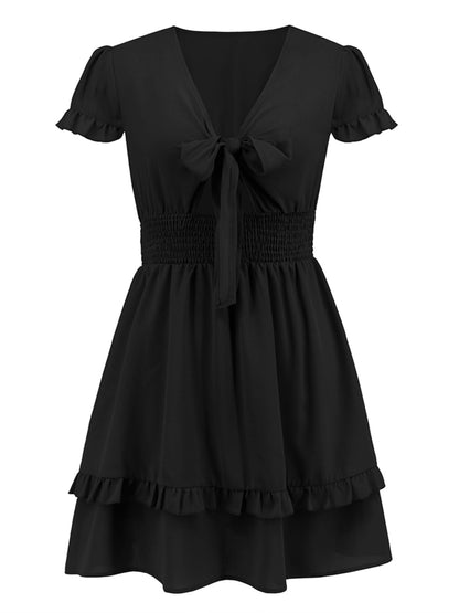 Tied V-Neck Tiered Mini Dress-Angel Casuals