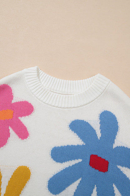 Flower Round Neck Dropped Shoulder Sweater-Angel Casuals